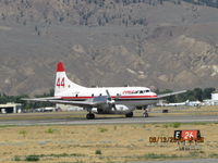 C-FFKF @ CYKA - Conair  Convair 340  (#44) aerial tanker departing for a fire action. ( Note: tail # 48 was lost at the end of July 2010 on a fire...RIP, guys, you are missed) - by Blindawg
