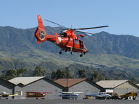 6572 @ SZP - Aerospatiale MH-65C DOLPHIN of USCG, two Turbomeca Arriel 2C-CG Turboshaft engines, 934 shp each. 10 blade (count 'em!) distinctive Fenestron tail rotor, seldom seen sight-low pass over Rwy 04 - by Doug Robertson