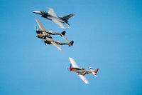 N138AM @ AFW - N138AM (P-38), N51VF (P-51),  98-003 (F-16) Heritage Flight during the 2003 Alliance Airshow - by Zane Adams
