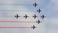 UNKNOWN @ EGSU - FAF Patrouille de France (celebrating their 60th anniversary) 8 X Alpha Jets in Arrow formation at Duxford Air Show, Sept. 2013. - by Eric.Fishwick