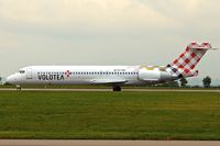 EI-FBK @ EGNX - 2004 Boeing 717-200, c/n: 55182  ex Midwest Express as N920ME  departs East Midlands for Nantes after being painted in Volotea Colours - by Terry Fletcher