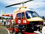 VH-HRS @ YSFS - Close-cropped front Stbd view of trailer- mounted ‘Surf Life Saving Association’ Bell 206A VH-HRS (on modified skid landing gear) on static display at the Schofields Air Show (held at HMAS Nirimba) YSFS NSW on 10Nov1985. MSN/Cn Unknown. (Not a B412SP) - by Walnaus47