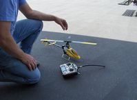  - T-REX radio-controlled helicopter with control/transmitter unit and remote pilot. (you learn to fly/control this helicopter on a PC simulator program, and control unit records cumulative hours of flight, etc) - by Doug Robertson