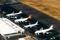  @ Brisbane International Airport - Airport Overview of 'Old Eagle Farm' International Airport YBBN, taken from Australian Airlines first A300B4-203 VH-TAA, on approach to 'New Eagle Farm' Airport on 12Aug1992.  - by Walnaus47